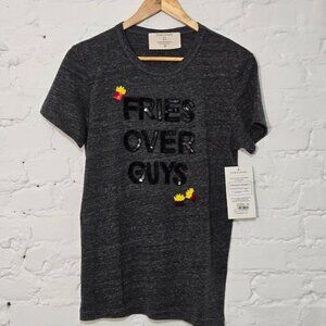 BOW & DRAPE "Fries Over Guys" Sequin Tee, Women's Large, Gray, Statement Shirt